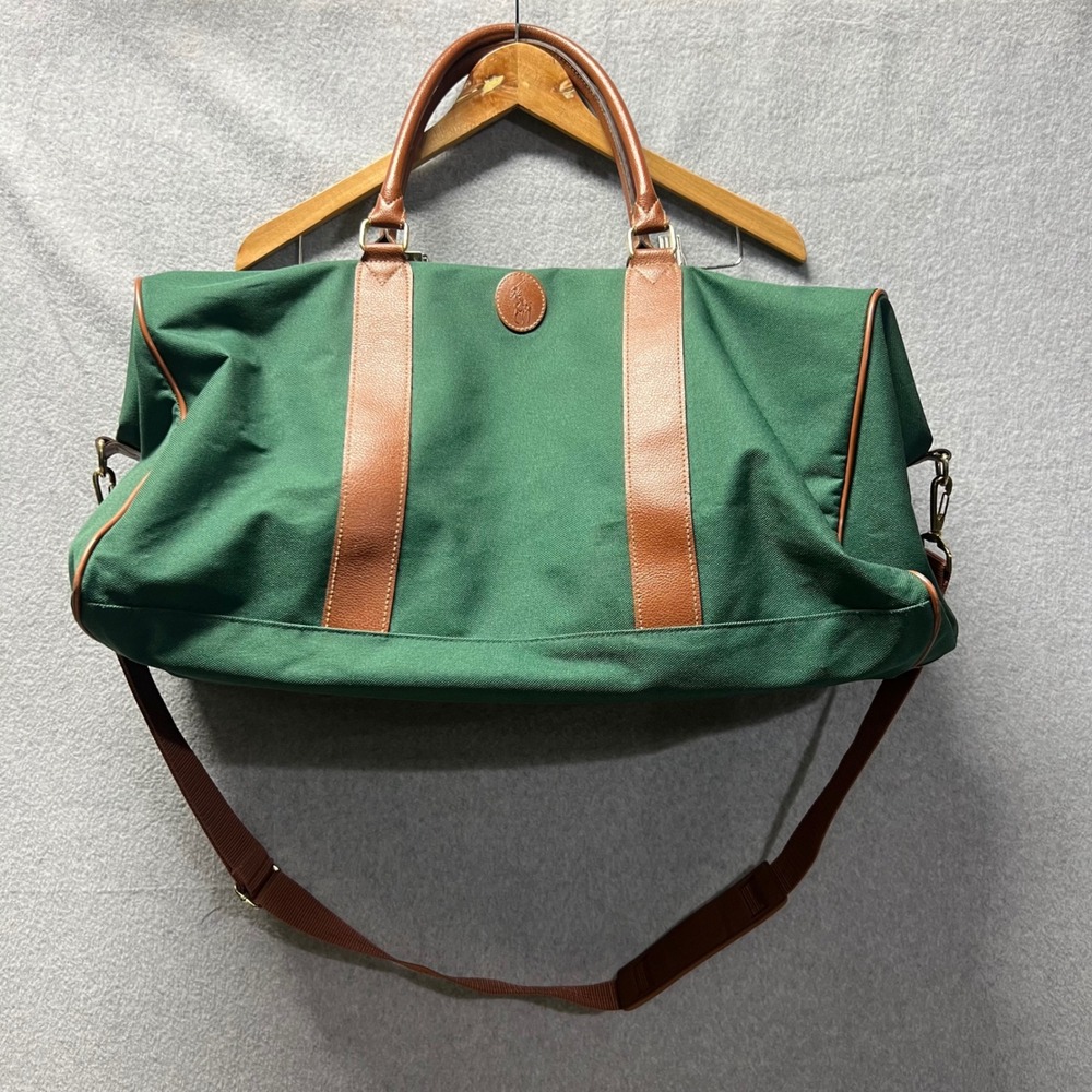 Polo Ralph Lauren Vintage Green Canvas Duffle Bag Brown Leather Trim Weekender